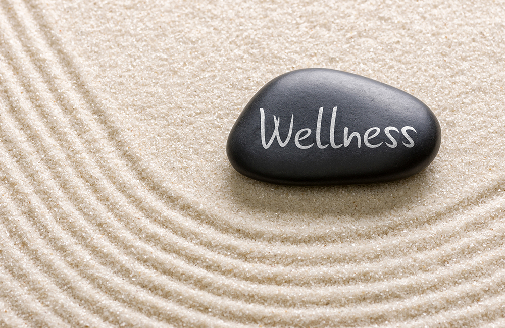 A stone with 'Wellness' written on it sitting in sand.