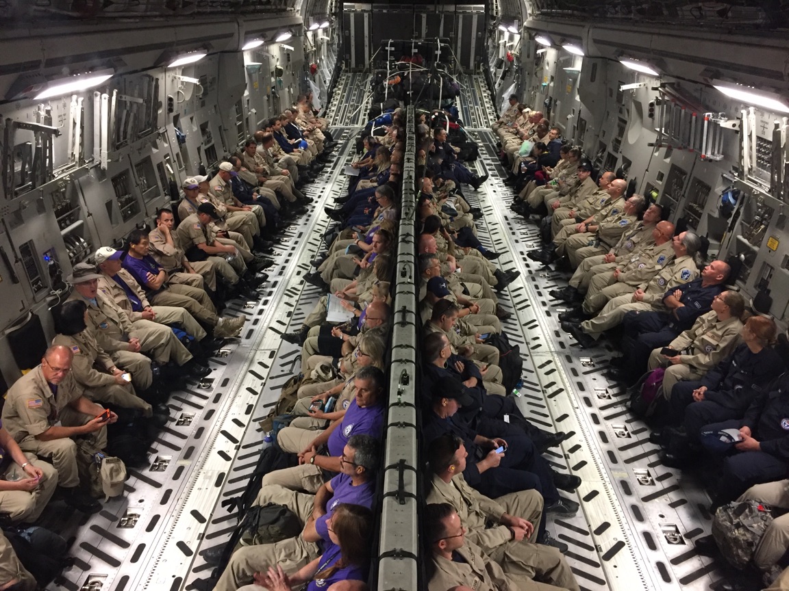 Doctors, nurses and paramedics await take-off from Dulles International Airport aboard a C-17 Globemaster III aircraft from Joint Base Charleston, South Carolina, Sept. 9, 2017.